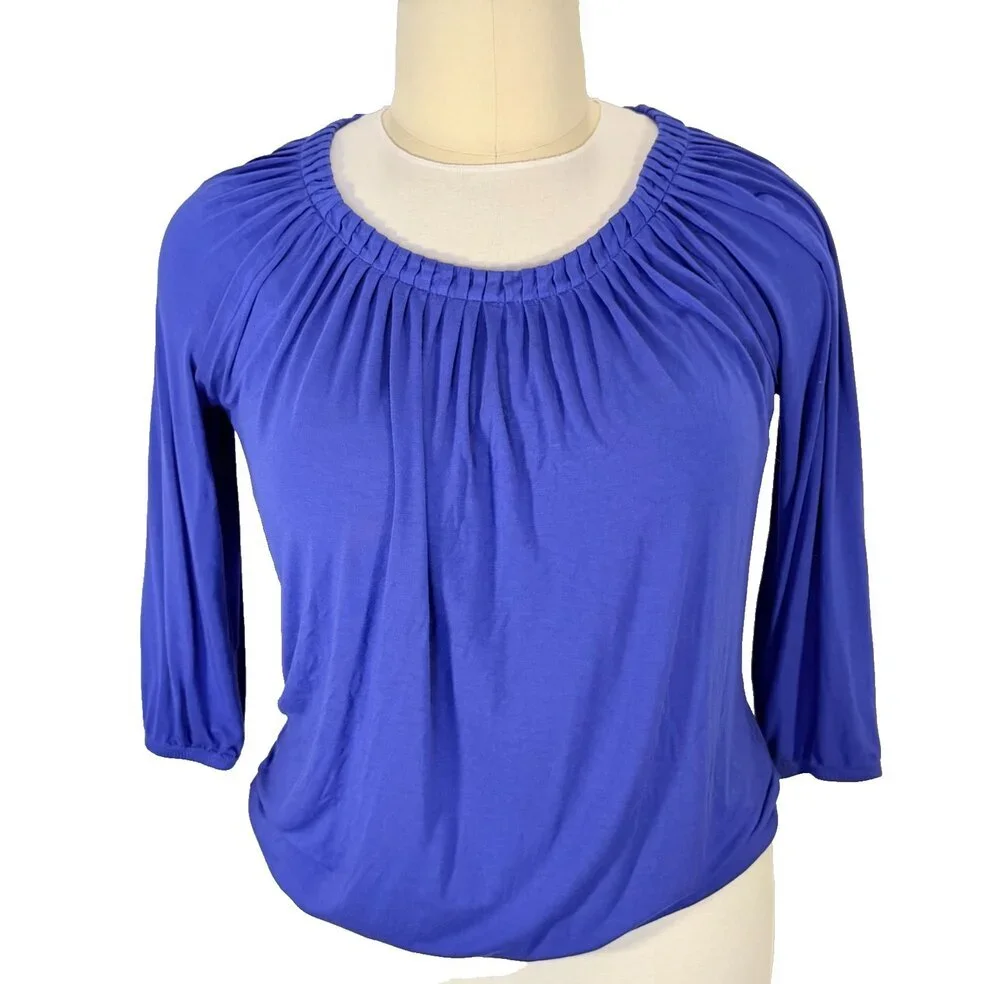 Michael Kors Peasant Top Women's L Cobalt Blue Scoop Neck 3/4 Balloon Sleeve